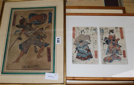 Four Japanese pictures - Sumo and Samuri Largest 28 x 41cm